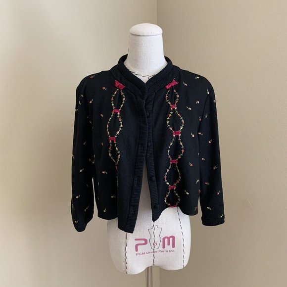 Vintage 50s Rosebud Pink Ribbon Embroidered Cardigan Jacket Rockabilly Pinup - Picture 2 of 12